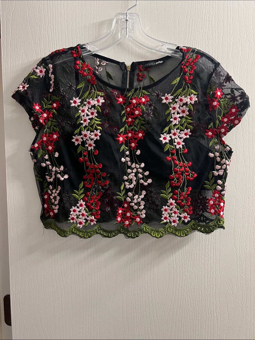 Fashion Nova Black Sheer Floral Embroidered Crop Top with Red & Pink Flowers